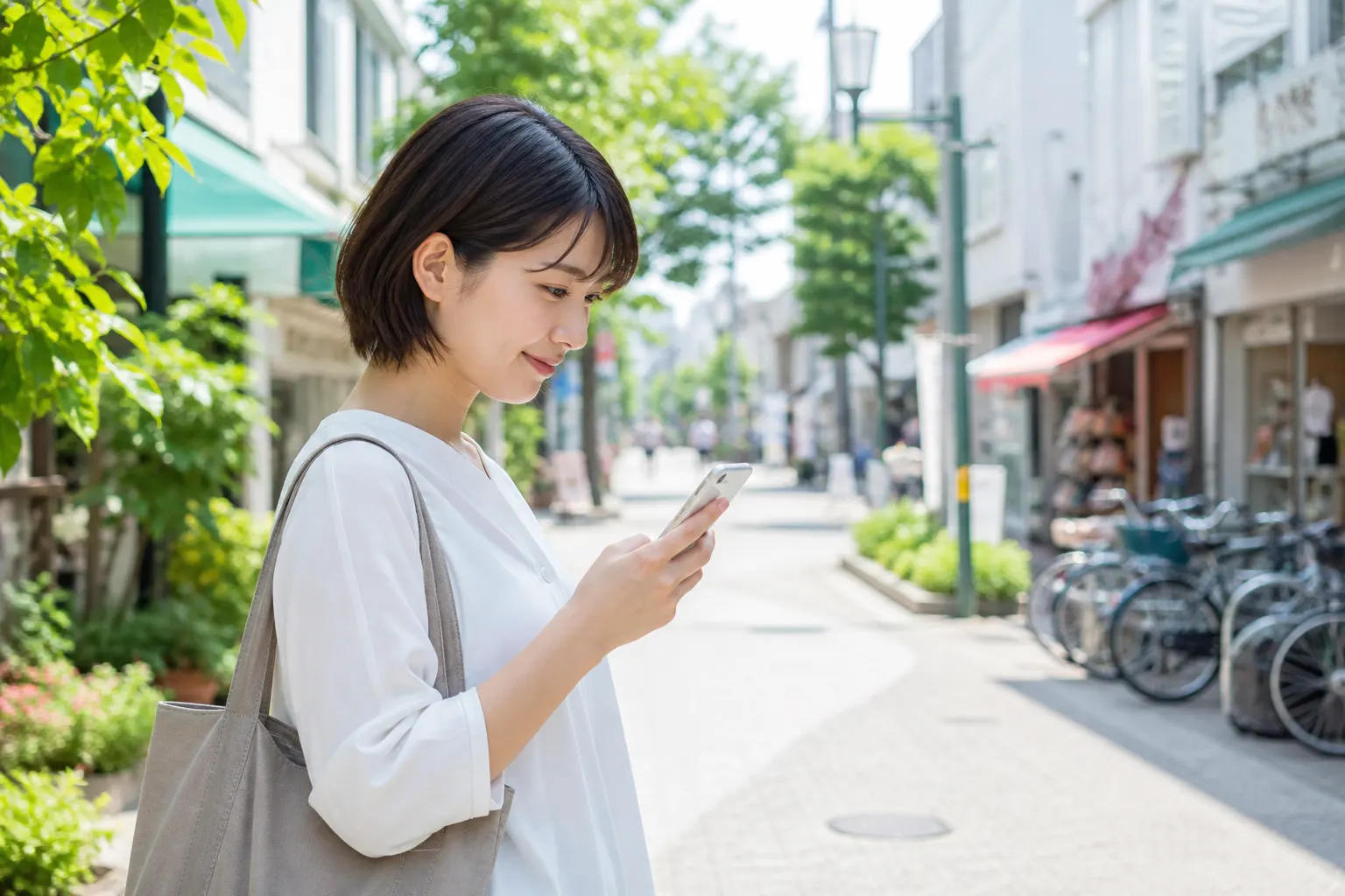 船橋市・市川市エリアの商店街でスマホを確認するイメージ